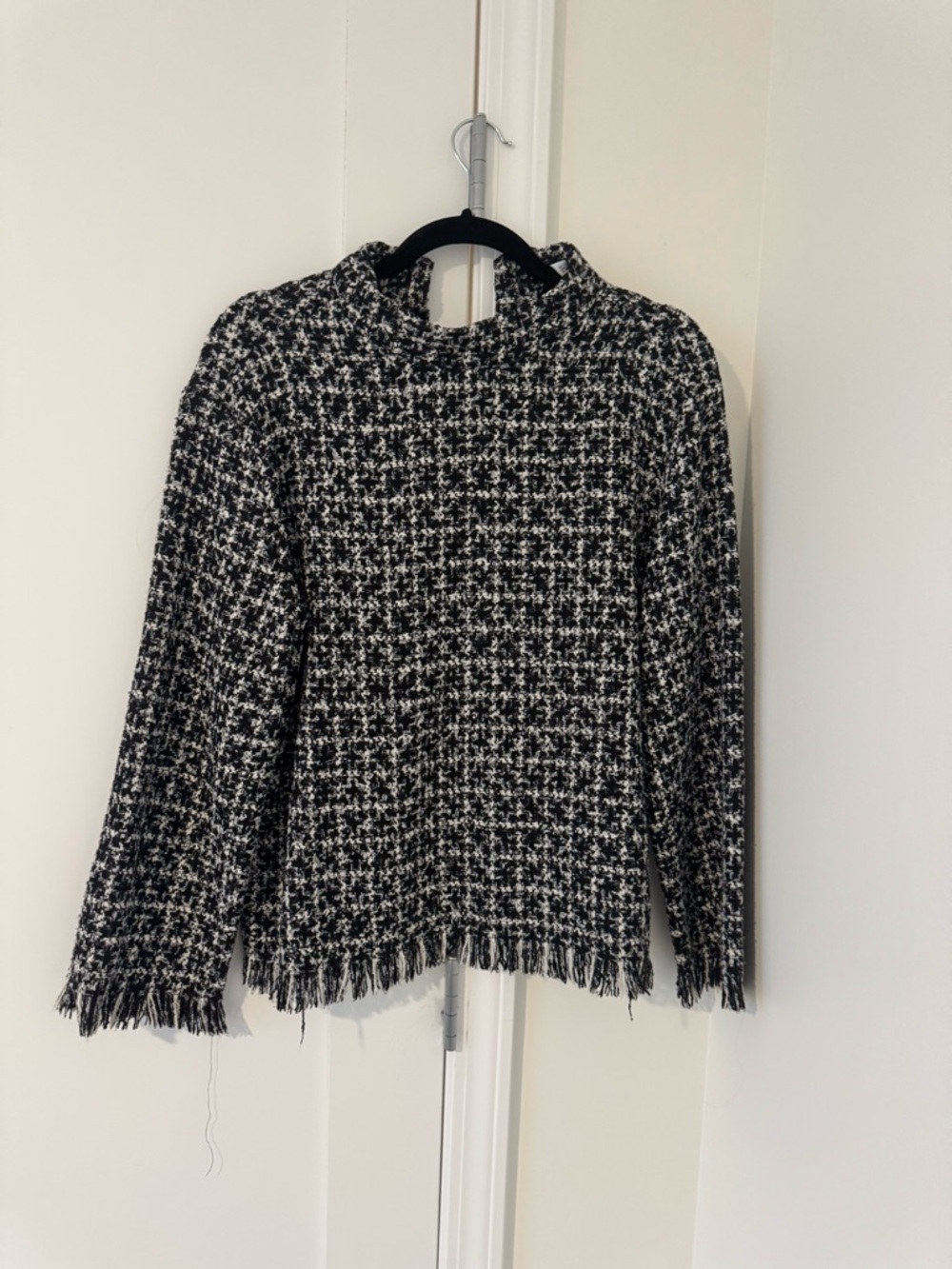 Zara Black and White Bouclé Fringe Sweater